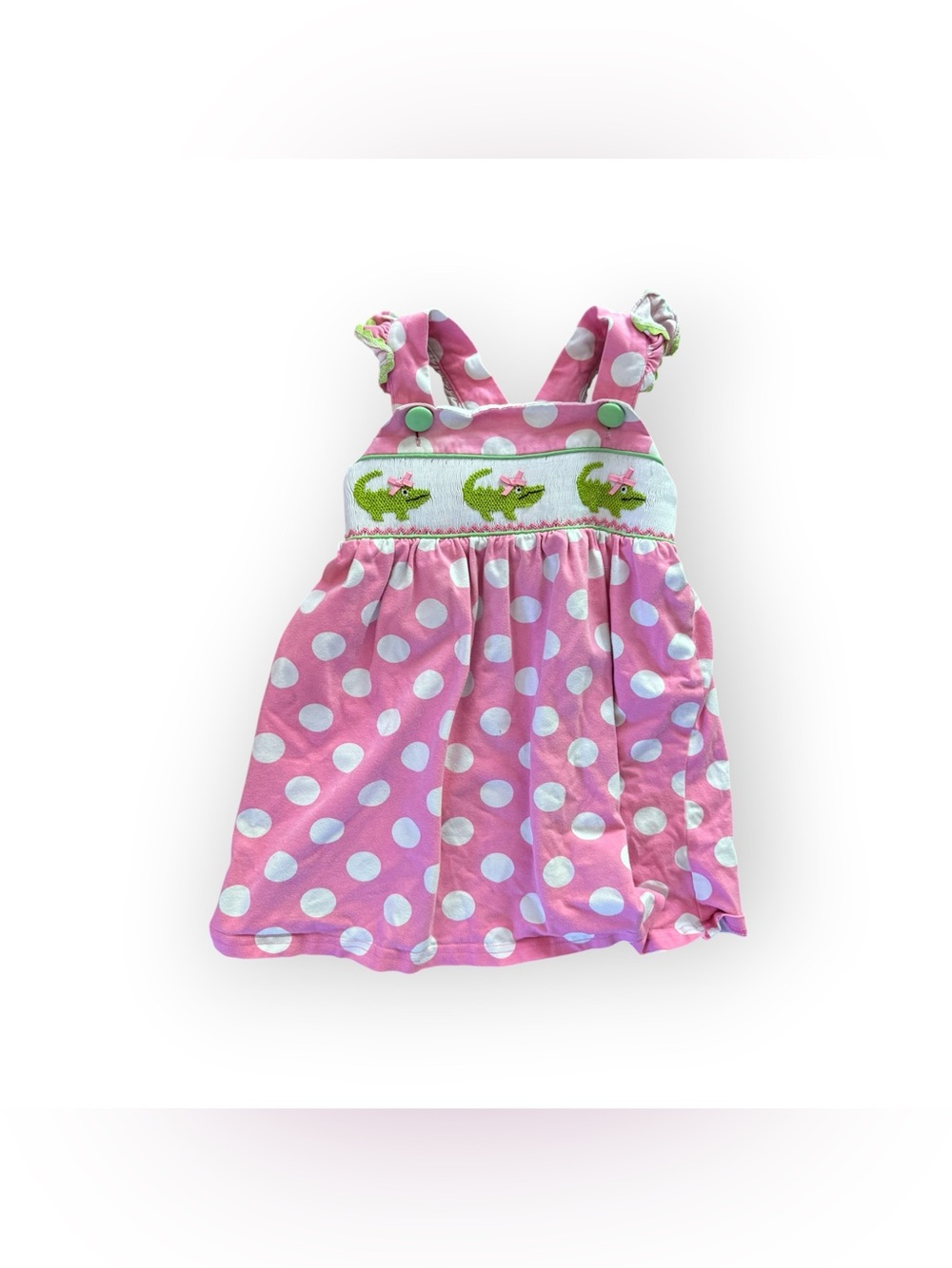 Smocked or Not Pink Polka Dot Smocked Sundress with Alligator Motif